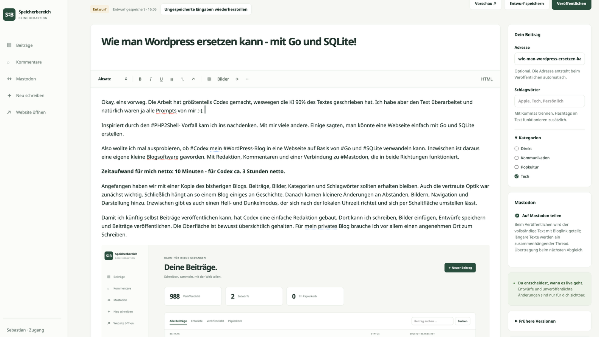 Der Editor des Blogs im Admininterface